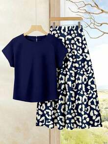 2 piezas Conjunto casual de verano para mujer con parte superior de unicolor + falda estampada, conjunto de verano para mujer, conjunto de falda y blusa, conjunto de falda y blusa para mujer, conjunto de falda estampada, conjunto de prendas con - Multicolor 3 - Ver 5