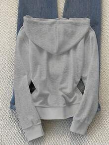 Chaqueta con capucha de manga larga, minimalista y casual de unicolor para mujer - Gris Claro - Ver 2