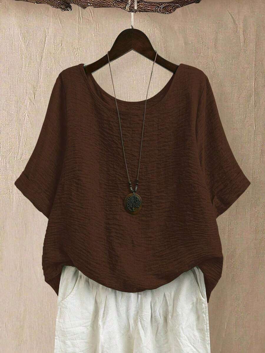 CURVE Blusa casual/diaria/de salida/simple/para viajar de manera relajada/que ilumina, de cuello redondo, de color verde pradera texturizada, talla grande, para primavera/verano - Café integral - Ver 1