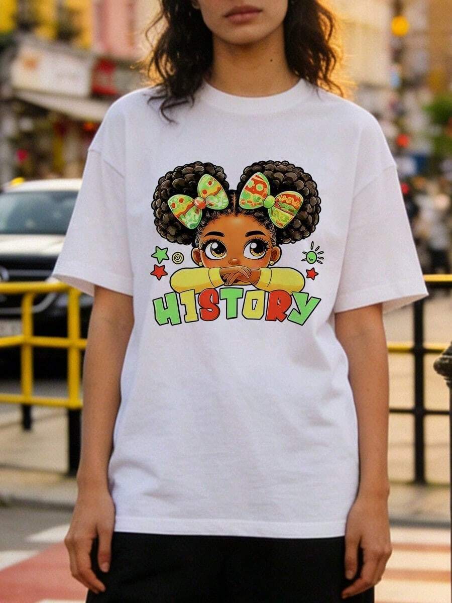 Women's Summer Clothing, Soft And Casual Cotton T-Shirt With Round Neck, Cartoon Character Print, Cultural Heritage And Historical Pride. Black. - 白色 - 查看 1