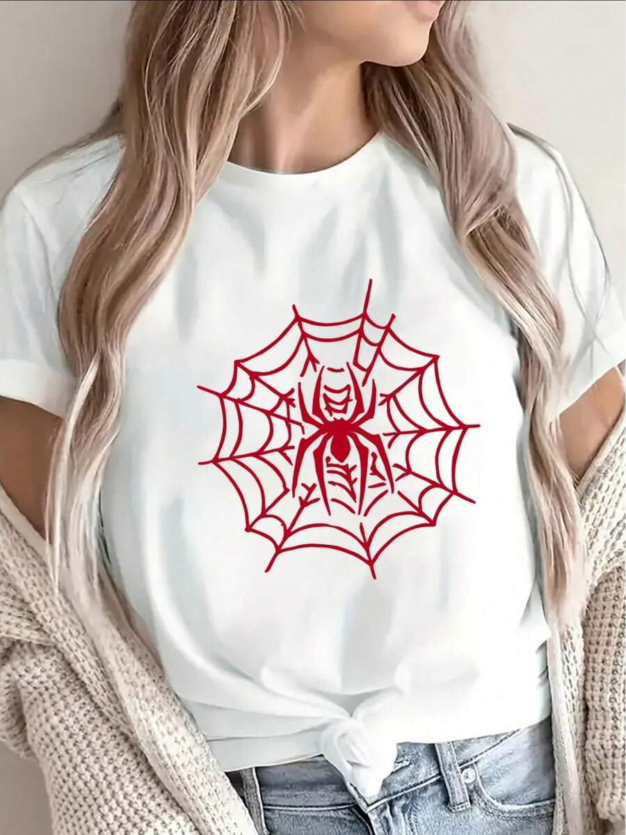 Camiseta negra ligera y resistente con un patrón de telaraña roja, perfecta para descansar en casa o salir, una opción ideal para las celebraciones de Halloween y el estilo diario. - Blanco - Ver 1