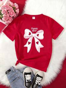 Sparklyn Black Short Sleeve Crew Neck Graphic Tee For Preteen Girls, Casual, Comfortable, And Fashionable Minimalist Graphic Tee, Versatile, With Cartoon, Creative, Fun, Celebrity, Anime, And  Prints, 100% Cotton - 紅色2 - 查看 3