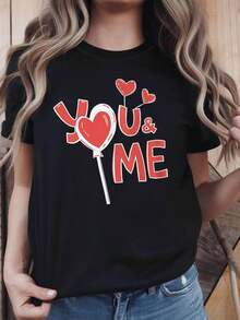 Women's "You And Me" Heart Print T-Shirt For Valentine's Day, Short Sleeve, Round Neck, Casual Spring/Summer Style, Everyday Wear, Holiday Gift. - 黑色 - 查看 7