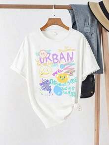 Graffiti-Druck-Shirt für Teenager-Mädchen, Oversized Sommer-Outfit für Frauen, Baumwoll-Rundhals-Street-Top - Weiss - Übersicht 3