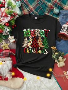 New 2026 Playera con estampado de Pinos Navideños, con frase de temporada, colorida, moderna, holgada, cuello redondo, manga corta, para fiestas de temporada y uso diario, ideal para toda la familia - Negro - Ver 1