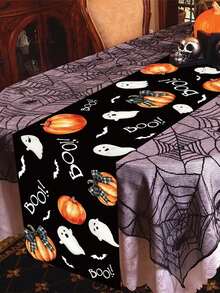 1pc Halloween Table Runner, Size 180*35cm, Polyester Material, With Ghost Pumpkin Pattern, Halloween Tablecloth, Halloween Decor, Halloween Party Decor, Halloween Candy Or Trick Decor, Joyful Halloween Decor, Kitchen Supplies, Tabletop Decor - Multicolor - View 6