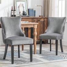 4-Legged Chair, Grey Velvet Dining Chair, With Button Tufting, Solid Wood Frame, Grey (Set Of 2) - 灰色 - 查看 3