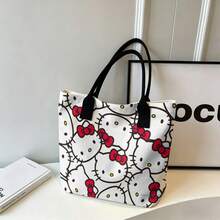 Miniso 三丽鸥Hello Kitty重叠脸印花帆布手提包，奶油色底单肩包，日常使用 - 黑色 - 查看 1
