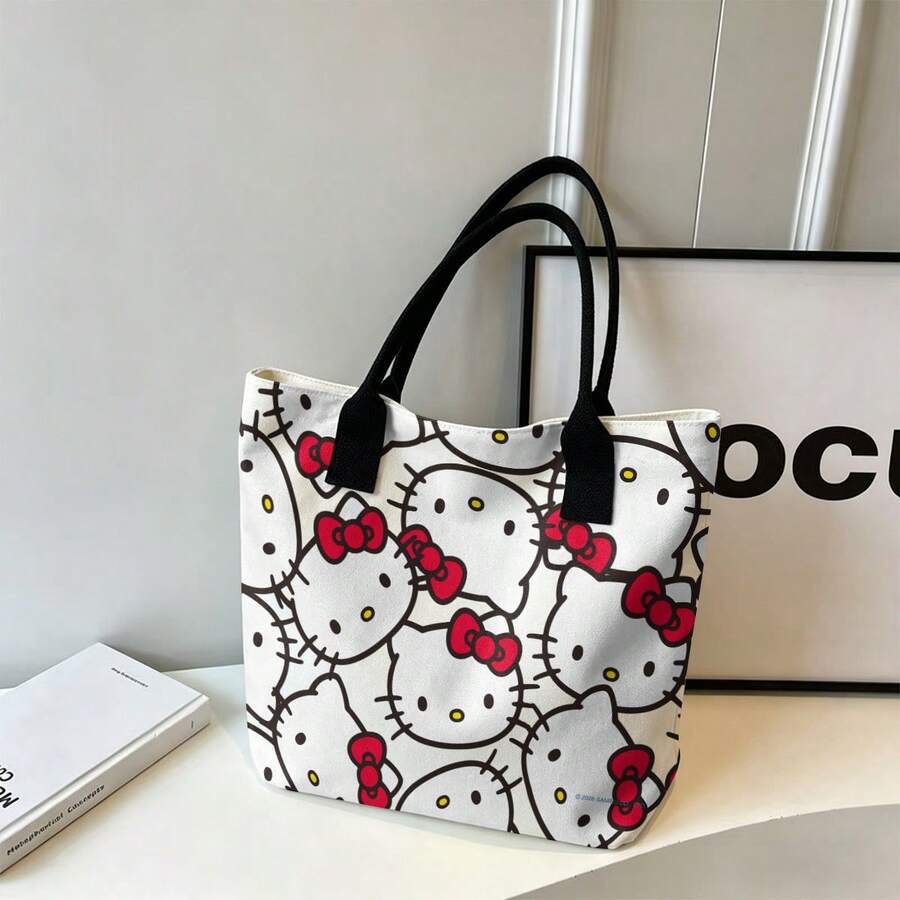 Miniso 三丽鸥Hello Kitty重叠脸印花帆布手提包,奶油色底单肩包,日常使用 - 黑色 - 查看 1