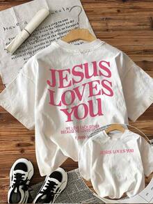 Women's Short Sleeve Crew Neck T-Shirt - Front And Back Print "JESUS LOVES YOU" And John 4:19 Scripture, White With Pink Letters, Christian Inspired Casual Wear, Machine Washable, Everyday Comfort, Bold Text Design, Comfortable Fit. - White - View 6