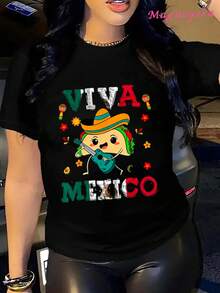 Limited Edition MGY Viva Mexico Graphic T-Shirt For Women, Size -% Cotton, Short Sleeve, Crew Neck, Casual Style With Vibrant Mexican Culture Design, Maracas, Sombrero And Chiles Print, Black And Red/Blue Green, Machine Washable, All Season Comfort, Lightweight Cotton - 黑色 - 查看 1