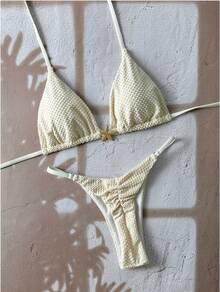 Nuevo estilo de bikini de color sólido, bikini sexy con lazos, traje de baño de dos piezas fresco y sencillo para mujer. - Blanco marfil - Ver 11