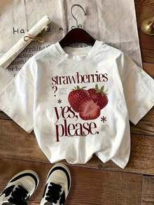 Envío gratis, entrega local enéxico, entrega en 4 días. Camiseta de corte ancho para mujer, con letras y divertidos estampados de fresas, ropa de verano, estilo Y2K, cuello redondo, transpirable, ligera y cómoda, estampado de frutas y verduras, manga corta, colección primavera-verano. - Blanco - Ver 5