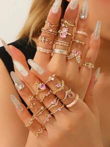 Nhẫn hình trái tim và bướm màu hồng mạ vàng 18K dễ thương, đính đá Cubic Zirconia, nhẫn hở có thể điều chỉnh kích thước, trang sức ngọt ngào và lãng mạn dành cho nữ. - Nhiều màu - Xem 1