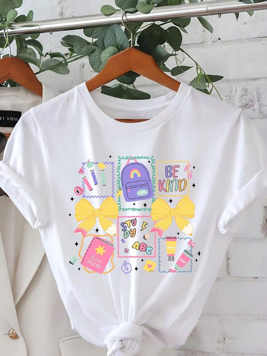 1 T-Shirt With A Teacher On Preventive Duty Print, Casual Short-Sleeved Round Neck Top, Women's Spring/Summer Clothing, 180g 100% Cotton. - 白色 - 查看 1