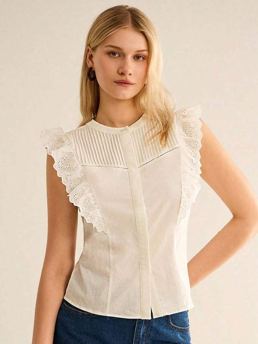 CielaLinda Blusa blanca con bordado de ojal y volantes, top bohemio para mujer - Blanco - Ver 1