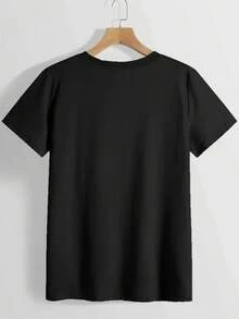 Camiseta de algodón puro para mujer con cuello redondo, diseño minimalista y estampado de letras y anime, cómoda y transpirable, adecuada para el uso diario casual y versátil, que muestra un estilo natural y elegante, imprescindible para fiestas de verano, envío local. Elegante y Práctica para el Verano. - Negro - Ver 3