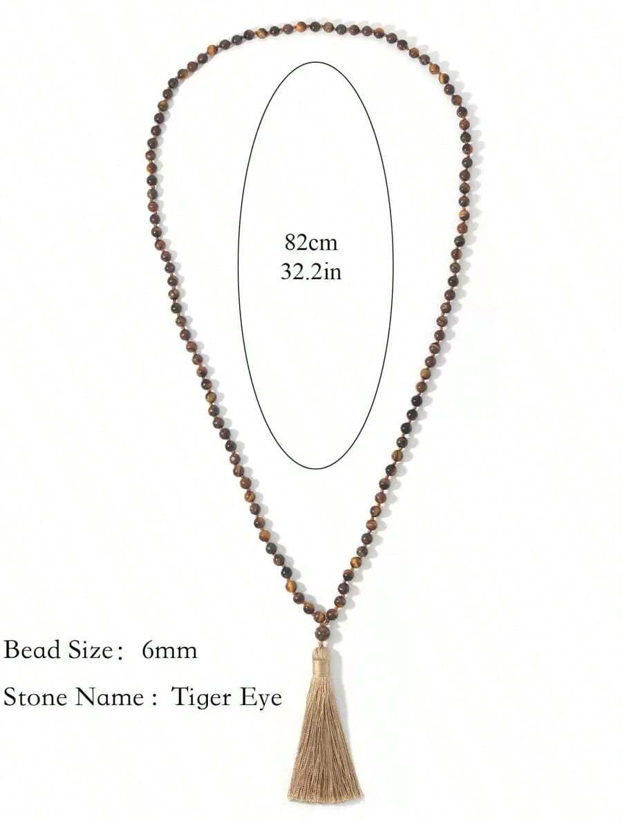 SGIAWETA-6mm 108 Mala Beaded Necklace Natural Tiger Eye Stone Knotted Necklace Tassels Long Chain Men Women Meditation Jewelry Bohemia Style-Birthdaygift - Multicolor - View 1