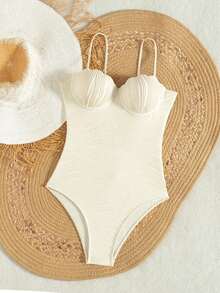 Traje de baño de una pieza para mujer de ajuste ceñido, con tejido texturizado, recogido y con lazo ajustable en la espalda, para uso playero y tiempo libre en verano - Beis - Ver 4