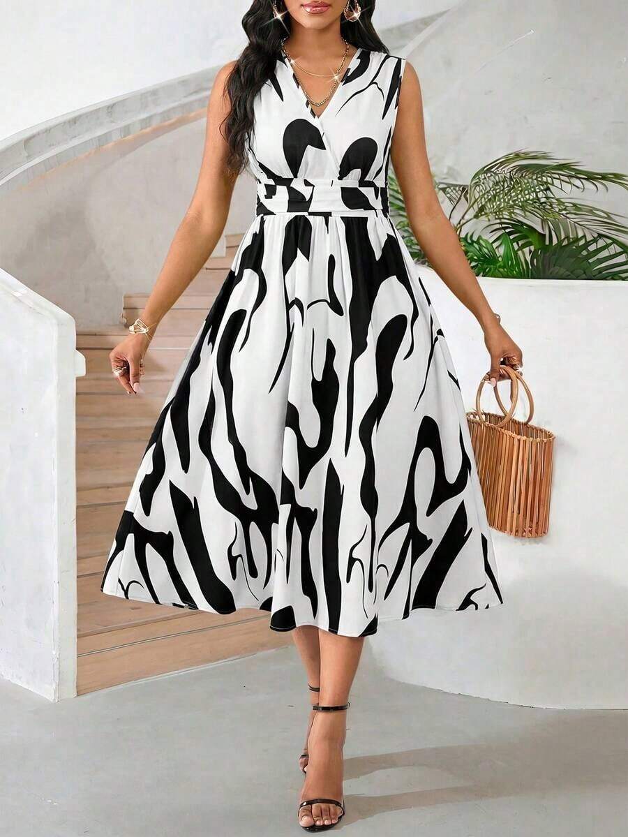 Vestido veraniego sin mangas de mediana longitud para mujer, de tela tejida con textura en color verde - Multicolor - Ver 1