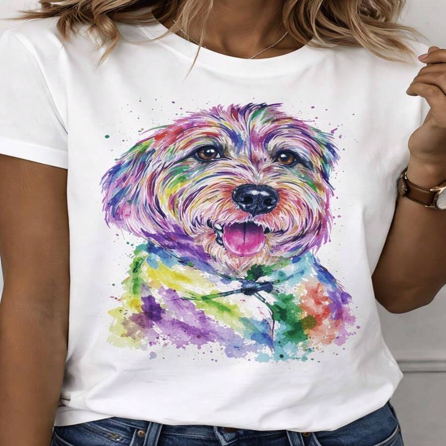Women's Casual Cotton Tee With Colorful Watercolor Tie-Dye Dog Graphic Short Sleeve Round Neck T-Shirt - 白色 - 查看 1