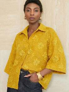 Camisa de manga 7/8 verde oliva, corte minimalista, ajuste holgado, cuello clásico de solapa, cómoda de llevar - Amarillo - Ver 4