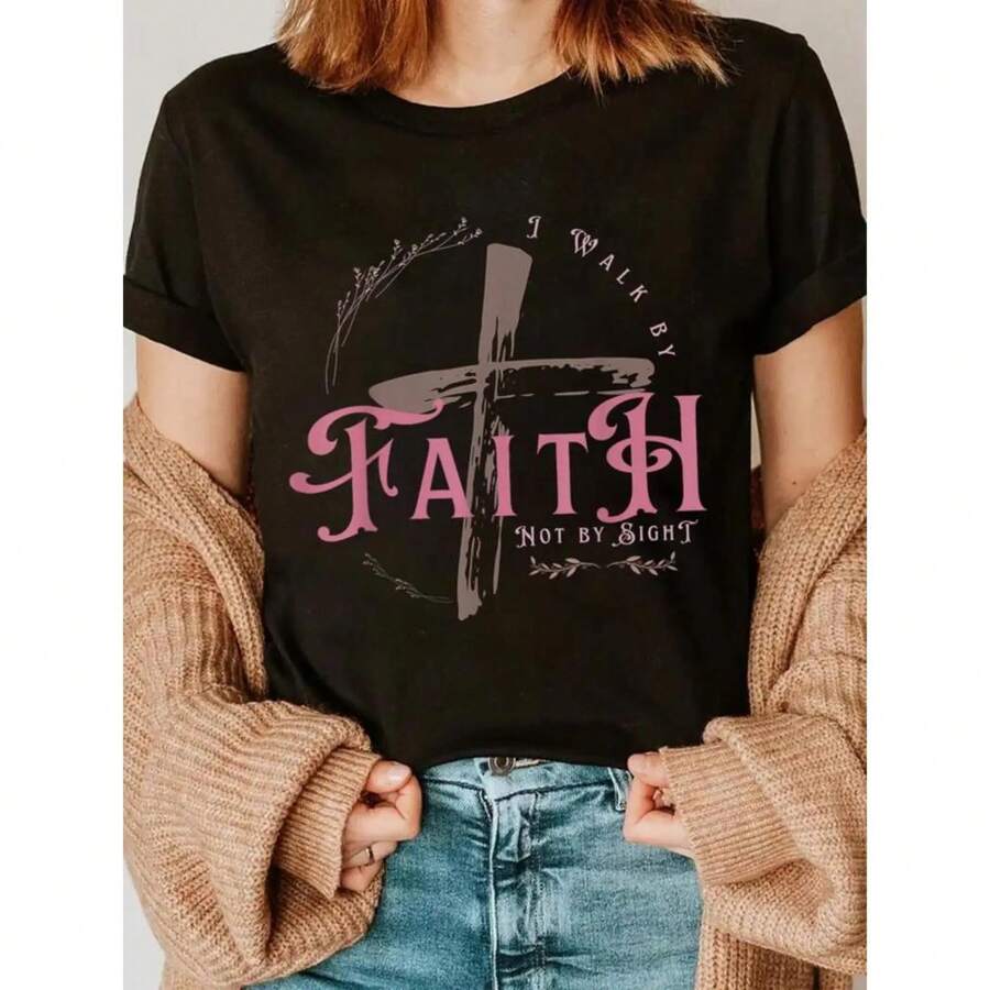 Camiseta 100% Algodón con Mensaje Religioso – Camino por Fe, No por Visión, Mensaje Cristiano - Negro - Ver 1
