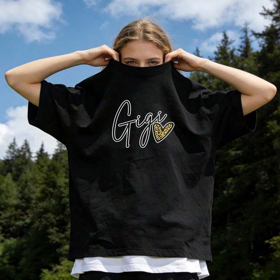 Ropa de Verano para Mujer, Camiseta de Algodón Suave Casual con Cuello Redondo, Estampado de Leopardo y Letras Love Gigi. Blanco. - Negro - Ver 1