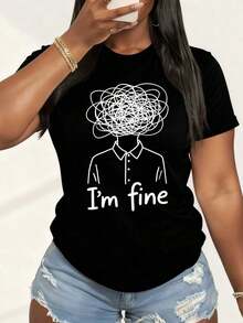 Sudadera Casual de Cuello Redondo para Mujer con Estampado "I'm Fine-1Pure-Cotton" - Negro 1 - Ver 1
