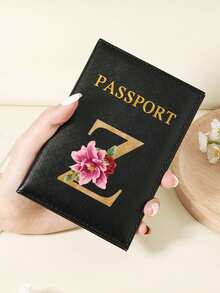 Floral Letter Print Passport Holder Wallet & Card Holder, Slim Travel Purse For Couple, Fits Cards & IDs, Lightweight Portable - Burgundy - View 40