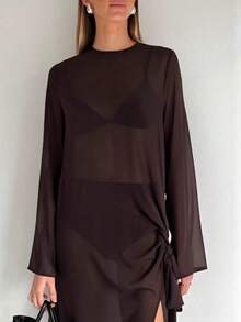 Vestido Largo Sensual para Mujer, Transparente de Tul con Cuello Redondo y Abertura Lateral, Color Marrón, Vestido de Playa y Verano - Marrón - Ver 3