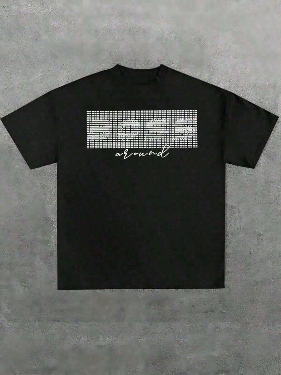 1 Camiseta de Verano de Talla Grande con Estampado Geométrico y Letras, Estilo Urbano, 100% Algodón, Casual, para Hombre, Estilo Retro, Cuello Redondo, Manga Corta, Ideal para Regalo, Unisex, 180g, 100% Algodón - Corte Holgado y Cómodo, Estilo Vintage Urbano - Camiseta de Algodón. Top vestidos de graduación - Negro - Ver 1