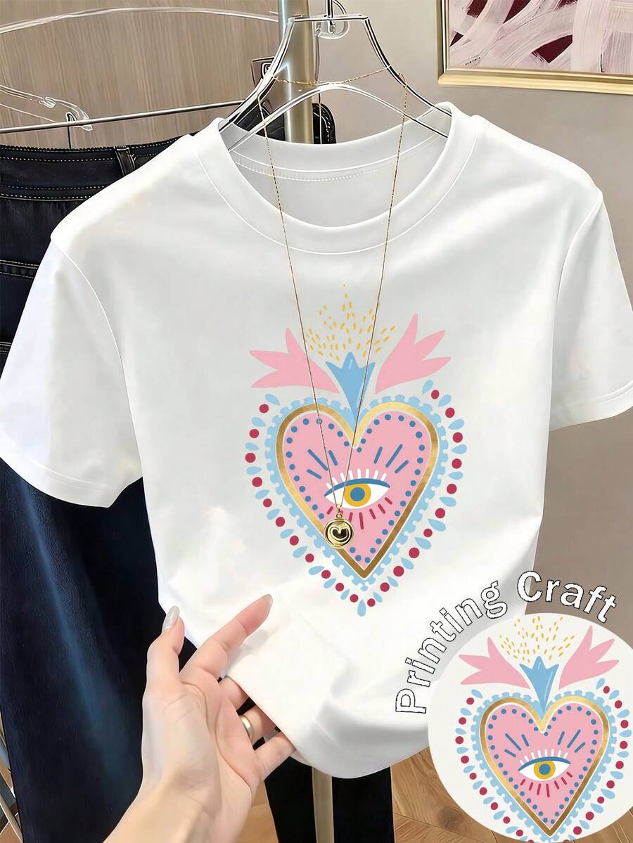 Camiseta con estampado de camisa casual para mujer, manga corta y cuello redondo, moda urbana local de primavera/verano. - Blanco - Ver 1