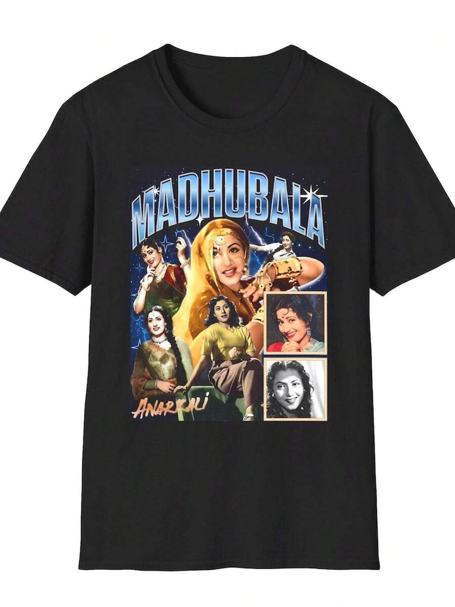 Camisa y Camiseta Casual Elegante para Mujer - 1 Unidad Camiseta Retro de Bollywood: Camiseta con Estampado de Película Retro Camisetas Casuales para Mujer: Una colección que incluye camisetas casuales, tops y camisetas ideales para el uso diario.Confeccionadas con tejidos ligeros y transpirables, estas prendas presentan una estética de inspiración vintage, lo que las convierte en una excelente opción tanto para la vida universitaria como para conjuntos cotidianos.Los diseños son encantadores y bonitos, con un corte cómodo y favorecedor.Gracias a su estilo clásico, tejidos suaves al tacto y sensación agradable para la piel, estas prendas poseen un distintivo aire de inspiración mexicana. - Negro - Ver 1