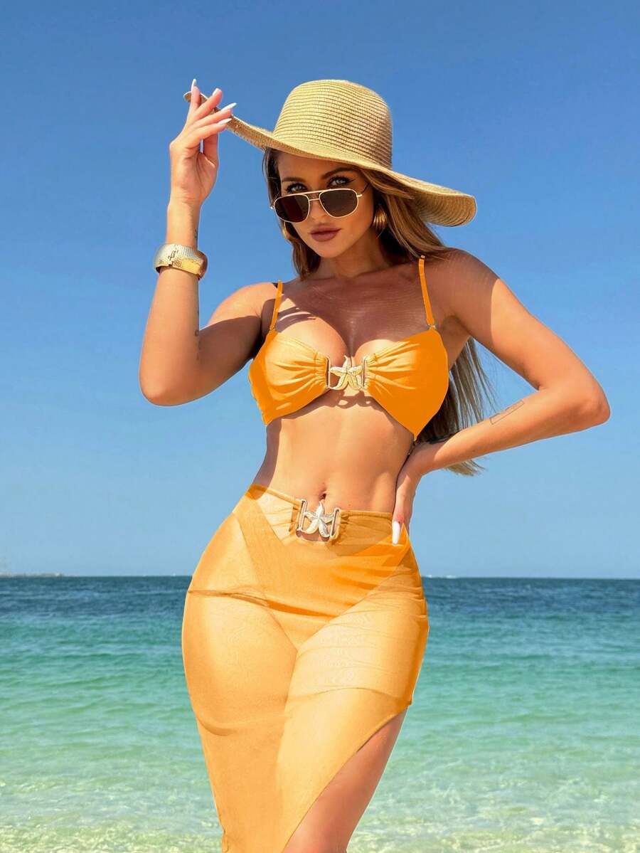 New And Sexy Solid Color Three-Piece Swimsuit With Long Mesh Skirt, Bikini - Yellow - View 1