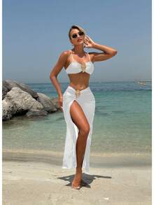 Nuevo bikini de tres piezas sin tirantes con cierre metálico de color sólido. - marrón café - Ver 8