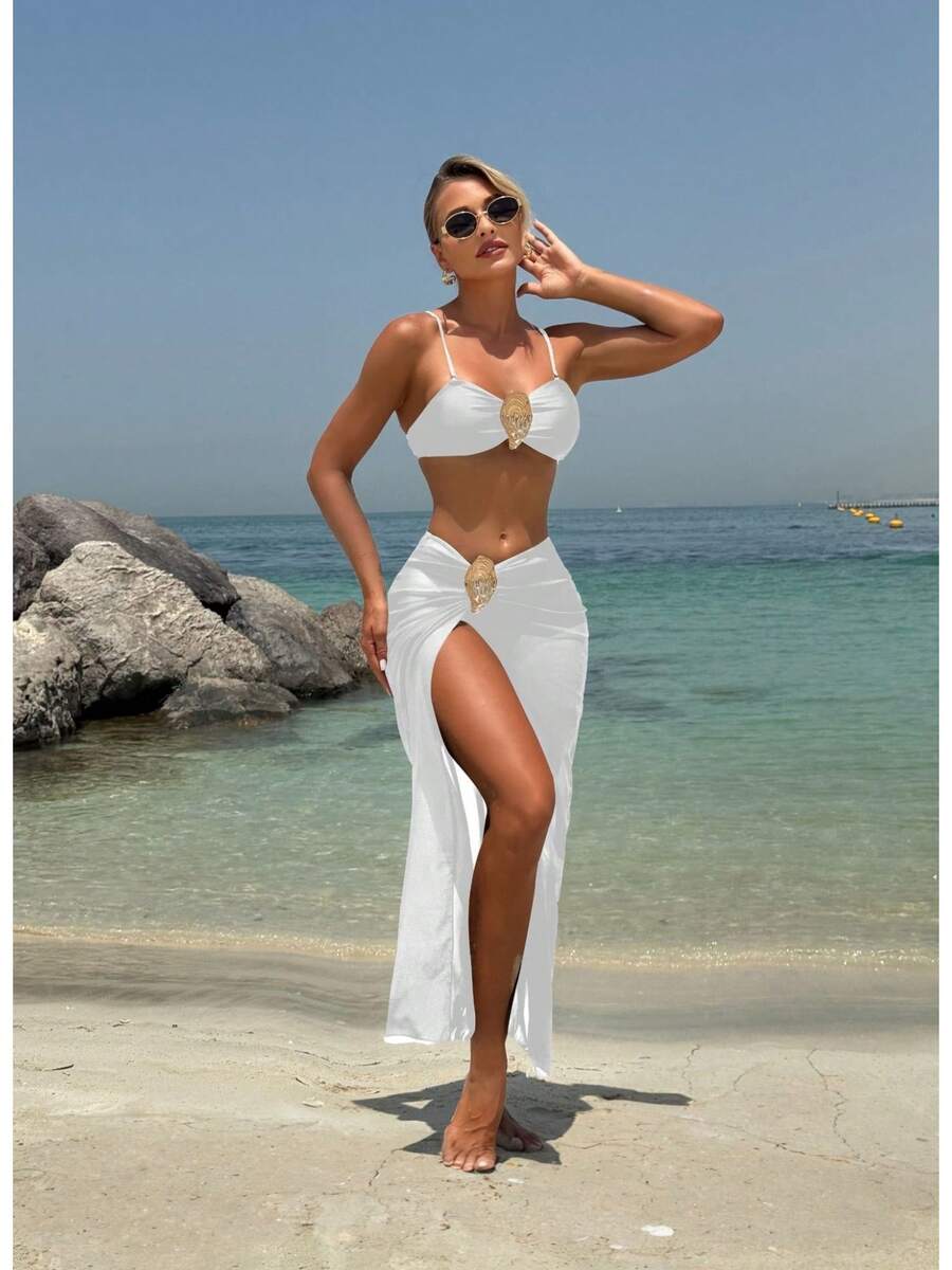 Nuevo bikini de tres piezas sin tirantes con cierre metálico de color sólido. - Blanco - Ver 1
