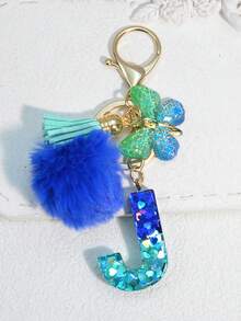 1pc Blue Heart Letter Keychain With Butterfly & Flower Decor, Women Bag Charm, Gift Keyring With Pom Pom - Royal Blue - View 35