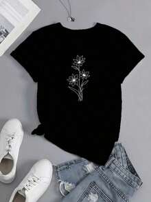Camisetas Básicas de Tallas Grandes para Mujer - Camisetas Casuales de Manga Corta, Prendas Esenciales Ligeras para el Guardarropa de Verano, Camiseta Estampada de Cuello Redondo, Camiseta Casual de Manga Corta para Primavera y Verano, Ropa de Mujer Transpirable y Cómoda - Negro - Ver 11