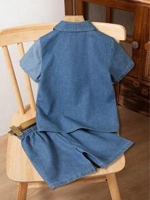 2pcs/Set Young BoyFashionable Contrast Color Design Collared Short Sleeve Denim Shirt And Casual Shorts Set, Summer - Blue - View 2