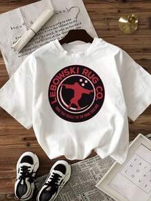 Women's-Shirt Casual Loose Fit Black White Options Lebowski Rug Co. Print Graphic Tee Summer Tops Women Shirts Summer Tops Graphic Tees Summer Outfits Women Graphic Tees Women Crop Tops Tops Women Vintage Cotton Cute Clothes Womenplayeras de mujer - Blanco - Ver 3