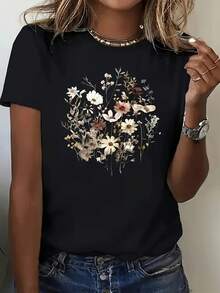 Camiseta casual floral para mujer - Manga corta, cuello redondo, mezcla de poliéster ligero, estilo de verano con flores rosadas vibrantes, blancas y azules, perfecta para ropa casual. - Negro - Ver 1