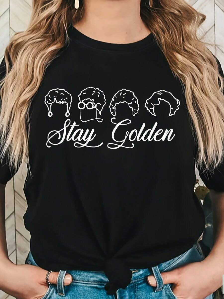Camiseta de Talla Grande, Oversize, con Letras Doradas FTA - Blusa Casual de Manga Corta y Cuello Redondo - Camisetas Lavables a Máquina para Uso Diario (Letras Doradas) - Negro - Ver 1