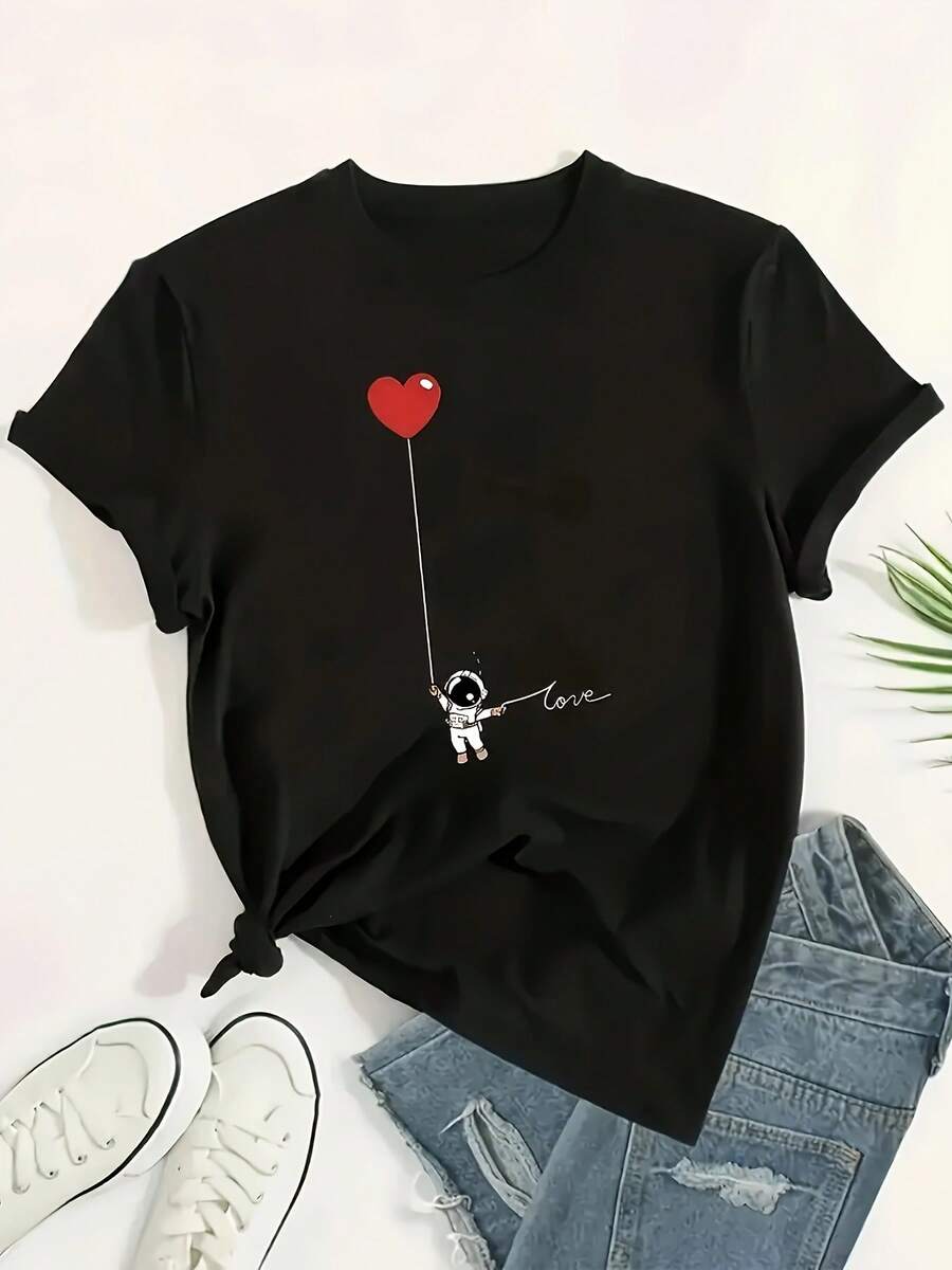 Camiseta casual creativa para mujer con letras - Negro - Ver 1