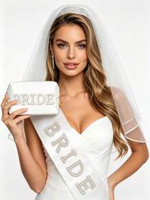 3pcs Bride Veil, Satin Ribbon, Bride Sticker, Makeup Bag, Suitable For Hen Party, Bride, Bachelorette, Wedding, Bridal Shower Gift - Set - View 2