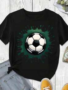 Elegante y casual para mujer, camiseta de manga corta con estampado de balón de fútbol, ropa deportiva informal de verano, top de moda para aficionados al fútbol y eventos deportivos. - Negro - Ver 3