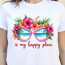 Camiseta para mujer con estampado de gafas de sol florales tropicales, camiseta casual de cuello redondo y manga corta para vacaciones de verano, diseño holgado casual ligeramente extralargo - blanco - Ver 6