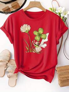 Camiseta deportiva de cuello redondo para mujer con estampado de trébol de cuatro hojas, top retro casual de moda, manga corta, disponible en varios colores, tallas S-XXL - Camiseta unisex de algodón holgada de manga corta y cuello redondo estilo vintage urbano. - Rojo - Ver 7