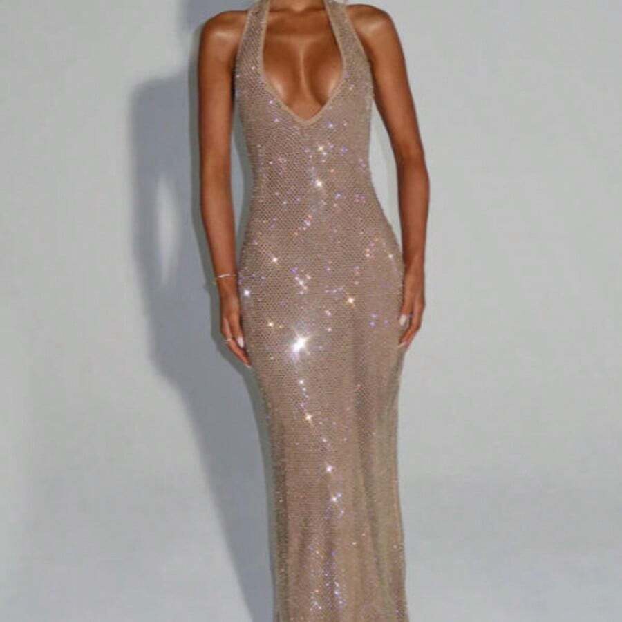 Women's Summer Deep V-Neck Sleeveless Halter Dress - Sequin-Embellished, Backless, Empire Waist, Bodycon Style - Vacation-Inspired - Vàng - Xem 1