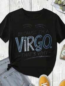 Elegant And Casual Women's Short Sleeve Crew Neck T-Shirt With "Zodiac Birthday Because Im A Virgo That's Why" Print, White Casual Women's Clothing, Spring Summer. - 黑色 - 查看 3